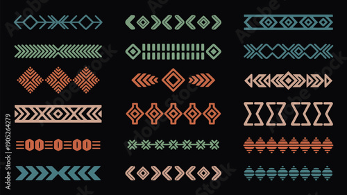 Aztec Navajo Border Vector Set with Southwestern Art Symbols, Traditional Tribal Geometric Patterns for Decorative Frames, Text Dividers, Branding, Posters, and Cultural Design Projects