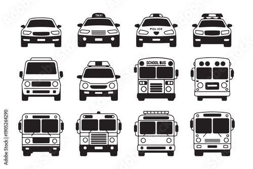 Automotive front view vector icons with police car school bus ambulance and taxi symbols for graphic designs