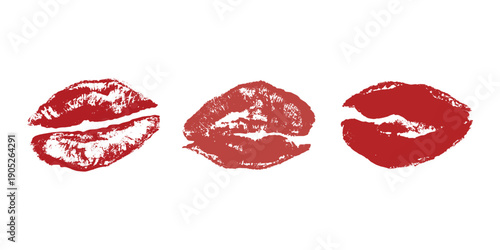 Set of lipstick kiss print Different shapes and colors imprint of lips Red pink female sexy lips makeup Design elements for beauty fashion poster Valentines Day wedding