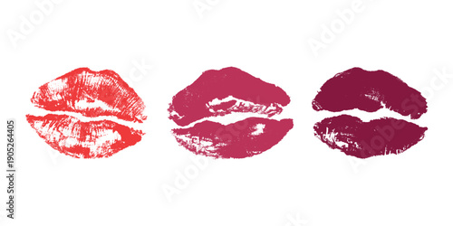 Set of lipstick kiss print Different shapes and colors imprint of lips Red pink female sexy lips makeup Design elements for beauty fashion poster Valentines Day wedding