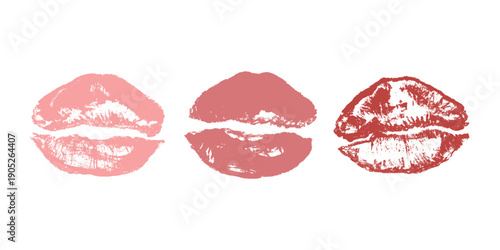 Set of lipstick kiss print Different shapes and colors imprint of lips Red pink female sexy lips makeup Design elements for beauty fashion poster Valentines Day wedding