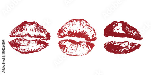 Set of lipstick kiss print Different shapes and colors imprint of lips Red pink female sexy lips makeup Design elements for beauty fashion poster Valentines Day wedding