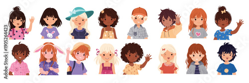 cute children head portrait set funny boys and girls