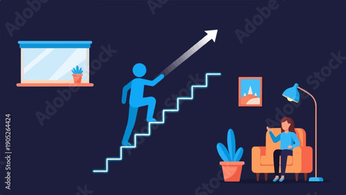 Person climbing stairs toward a bright arrow, representing growth and ambition