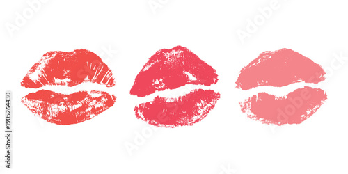 Set of lipstick kiss print Different shapes and colors imprint of lips Red pink female sexy lips makeup Design elements for beauty fashion poster Valentines Day wedding
