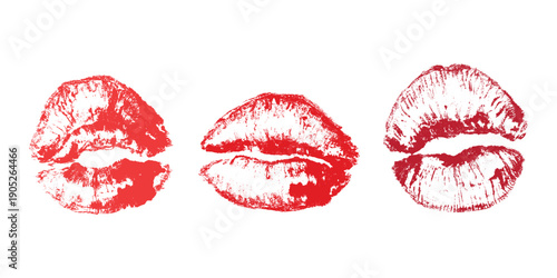 Set of lipstick kiss print Different shapes and colors imprint of lips Red pink female sexy lips makeup Design elements for beauty fashion poster Valentines Day wedding