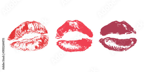 Set of lipstick kiss print Different shapes and colors imprint of lips Red pink female sexy lips makeup Design elements for beauty fashion poster Valentines Day wedding
