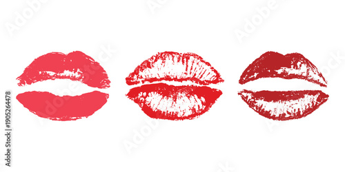 Set of lipstick kiss print Different shapes and colors imprint of lips Red pink female sexy lips makeup Design elements for beauty fashion poster Valentines Day wedding