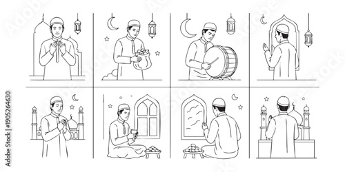 Bedug drum illustration set with Muslim men for Ramadan celebration