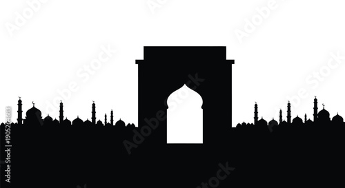 Taj Mahal silhouette with archway and domes against white background