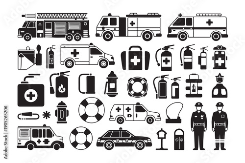 Comprehensive collection of public safety icons featuring fire fighting gear medical supplies and vehicles