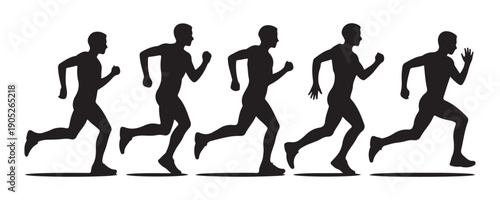 Group of professional male athletes silhouettes in various running positions for sports design projects vector