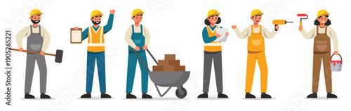 Team of builders and contractor industrial workers standing together in job site.