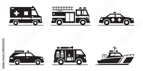 Minimalist emergency vehicle silhouettes including ambulance fire engine police car and coast guard rescue boat