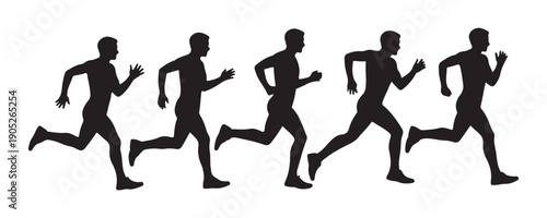 Vector illustration featuring five male runner silhouettes displaying consecutive steps of running gait cycle