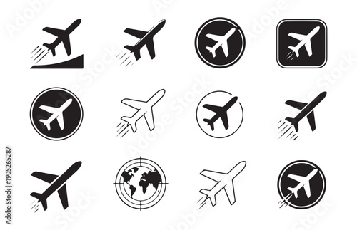 Varied collection of airplane icons in black and white, featuring different flight paths and travel concepts