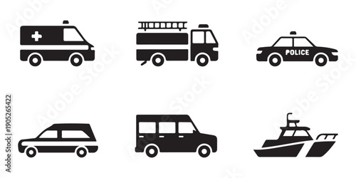 Emergency services and rescue vehicles vector silhouette collection with ambulance fire truck and police car