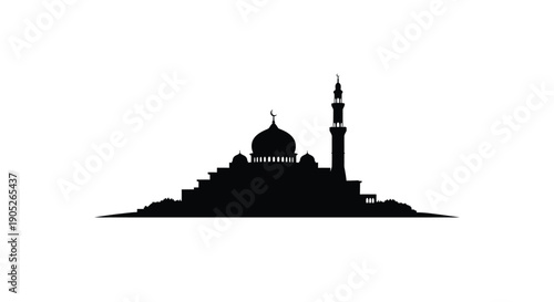 Mosque Silhouette with Dome and Minaret on Hilltop Landscape