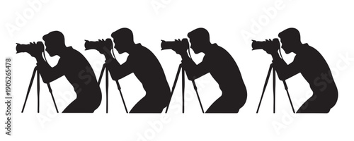 Four black silhouettes of male photographers with cameras on tripods in various crouching positions