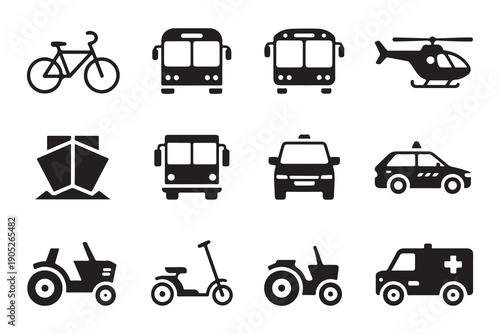 Public transport and vehicle flat icon set containing bus bicycle helicopter tractor ambulance and scooter