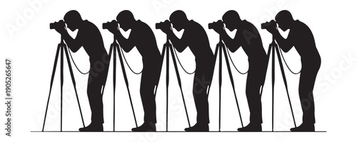 Photographers silhouetted taking pictures with tripods in a repeating pattern on white background