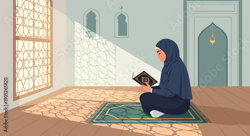 Woman in hijab reading Quran on prayer mat in sunlit room, Islamic tradition