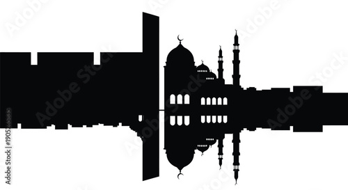 Islamic mosque silhouette with minarets and dome reflected in water, serene and peaceful atmosphere