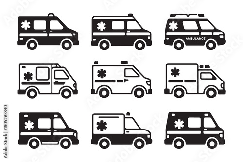 Ambulance icons set, medical emergency vehicles, black and white style with white background