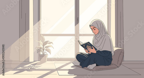 Young Muslim woman in hijab reading Quran by sunlit window, peaceful home scene
