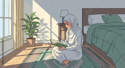 Young Muslim woman in hijab reading Quran in sunlit bedroom