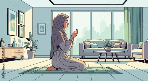 Young Muslim Woman Praying Namaz Indoors on Prayer Mat, Peaceful Home Scene