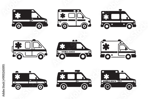 Ambulance icons set, medical emergency vehicles, black and white style with white background