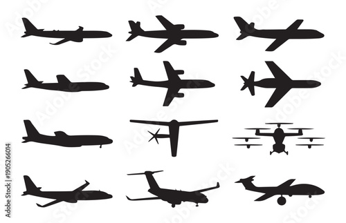 Side view airplane profiles and advanced aerial drone silhouettes for transportation and delivery concepts