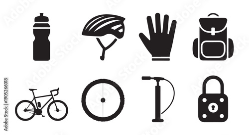 Cycling accessory collection featuring water flask head protection glove rucksack bike tire pump and padlock