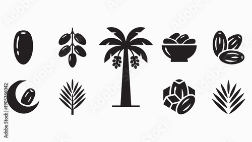 Collection of black icons representing dates, palm trees, and crescent moon with date