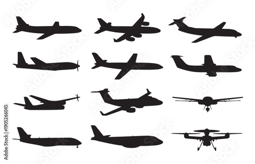 Comprehensive collection of aircraft side view silhouettes featuring passenger jets and innovative drone uav