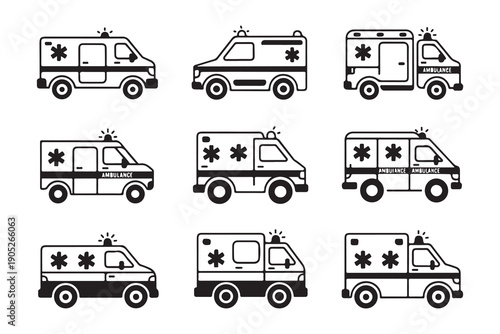 Ambulance outline icons set, medical emergency vehicles, line art style with white background