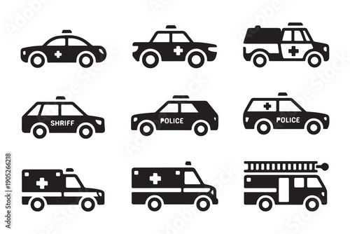 Emergency services vehicles icons set, police, sheriff, fire truck and ambulance in black and white