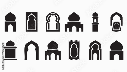 Islamic architecture icons mosque minaret prayer rug arches for religious design