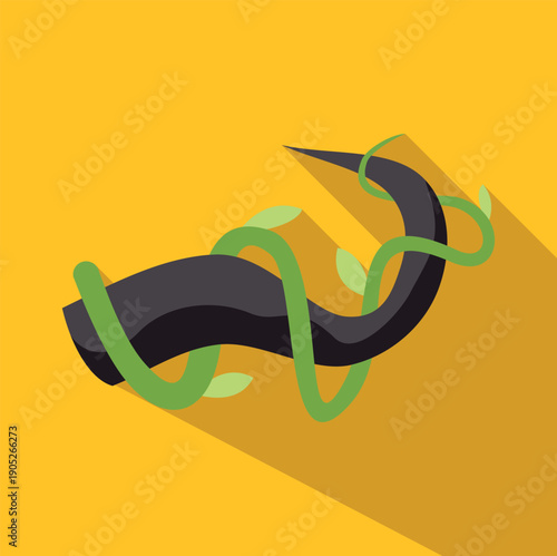 Simple flat icon representing a twisting jungle liana with green leaves on a vibrant background