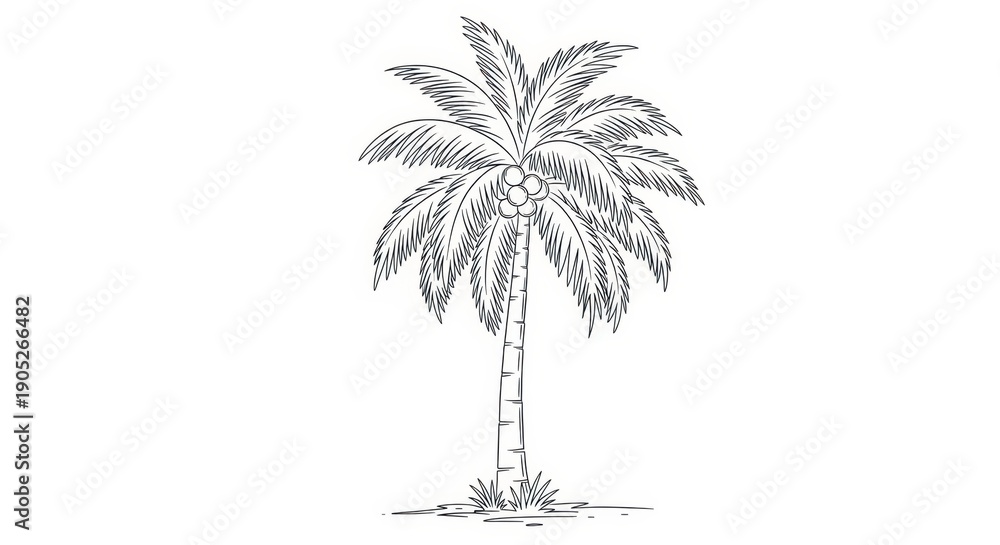 Obraz premium Hand-drawn sketch of a tropical palm tree with coconuts and green grass at its base.