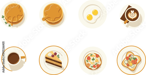 Top View Breakfast and Brunch Food Set, Flat Lay Pancakes with Syrup, Fried Eggs, Latte Art Coffee and Avocado Toast for Cafe Menu