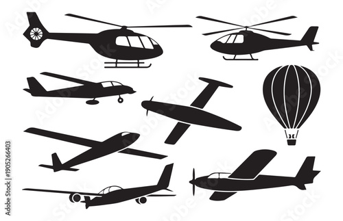 Collection of air vehicles including helicopters and airplanes in silhouette for aviation concept