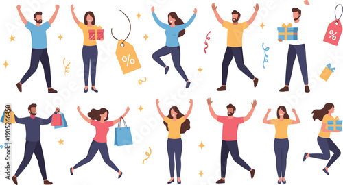 Happy People Shopping and Celebrating Sales Set, Excited Characters with Shopping Bags, Gift Boxes and Discount Tags