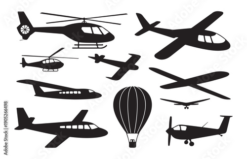 Set of black air transportation icons with helicopters planes and hot air balloon on white background