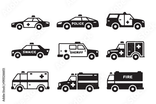 Assortment of emergency vehicle icons including police cars sheriff ambulance and fire truck for emergency response