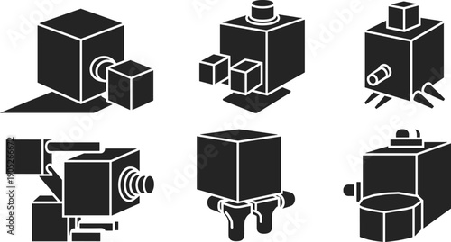 Abstract industrial machine icon set with cubic mechanical parts gears valves equipment silhouette vector illustration isolated black design