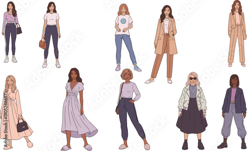 Diverse Women's Fashion and Streetwear Outfit Set, Female Characters in Casual, Formal, and Trendy Clothing