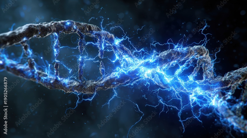 Fototapeta premium High-Resolution Digital Illustration of a DNA Double Helix with Blue Lightning and Electric Energy Effects