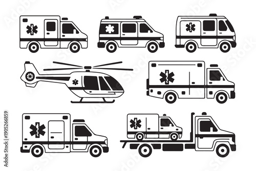 Hospital ambulance line icons collection with various emergency truck designs and medical rescue air transport